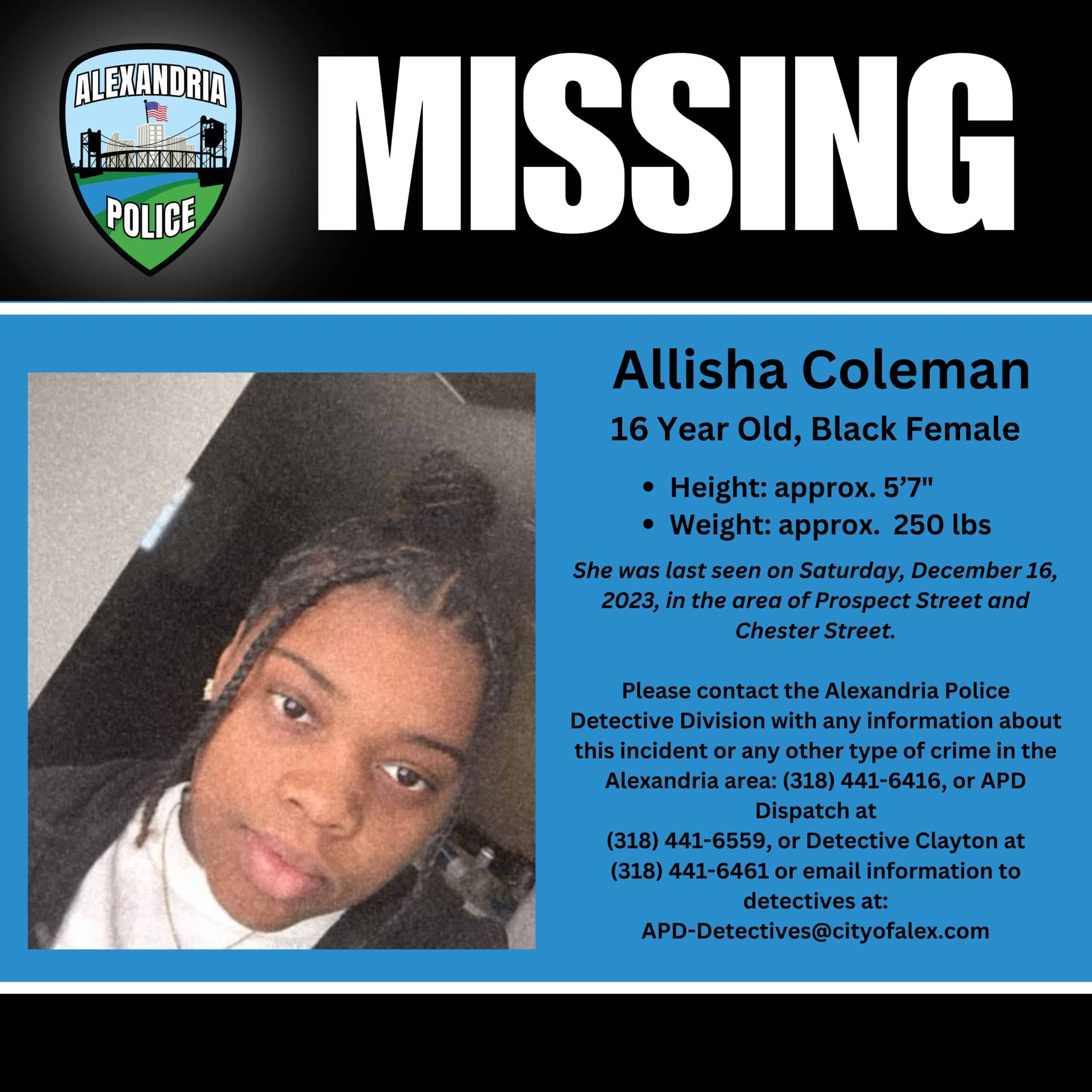 Missing Juvenile - Allisha Coleman - Alexandria, Louisiana Police Department
